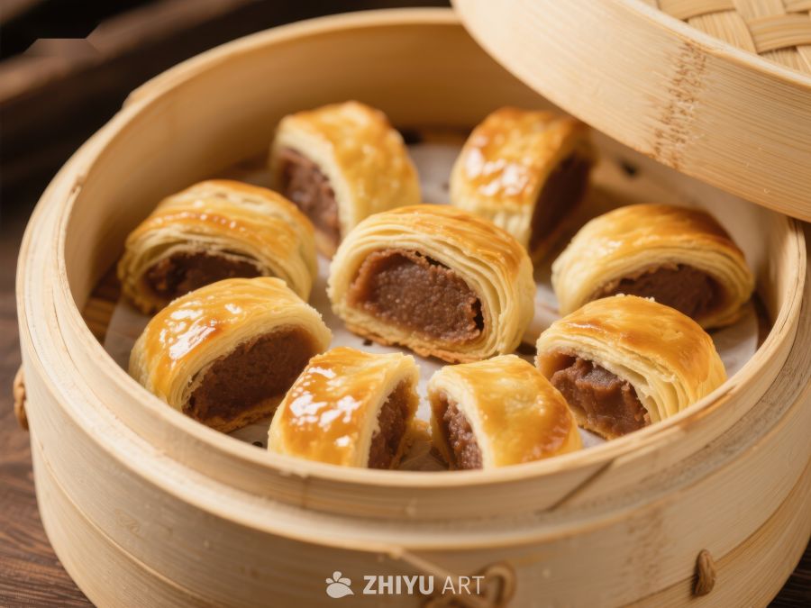 金黄酥皮点心蒸笼中 258