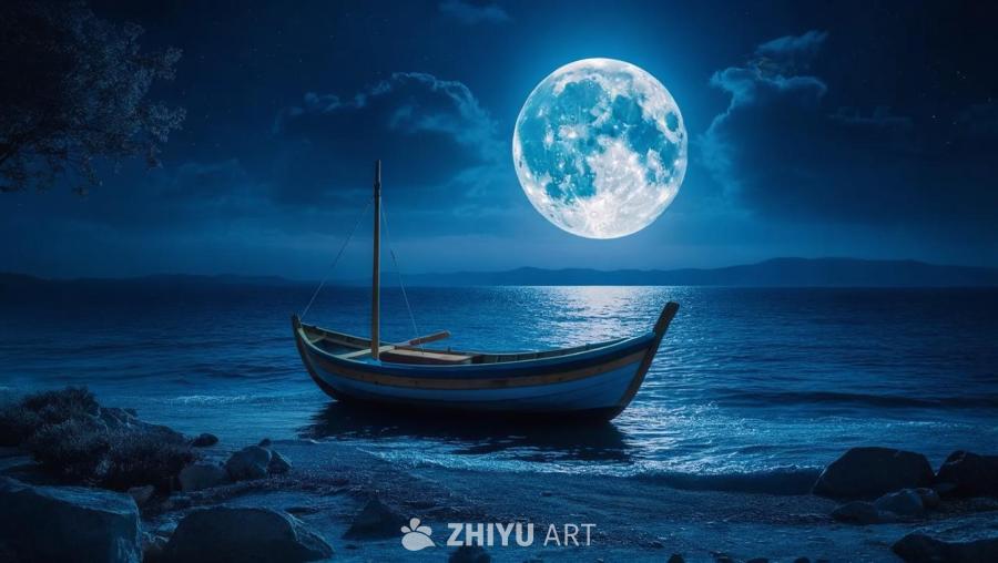 海边沙滩上停靠着一艘小船，小船上有桅杆。远处海面平