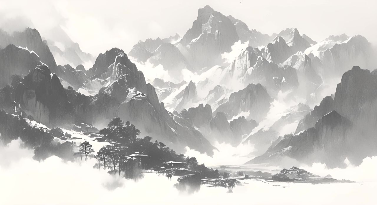 中国风水墨山水画黑白水墨画 1