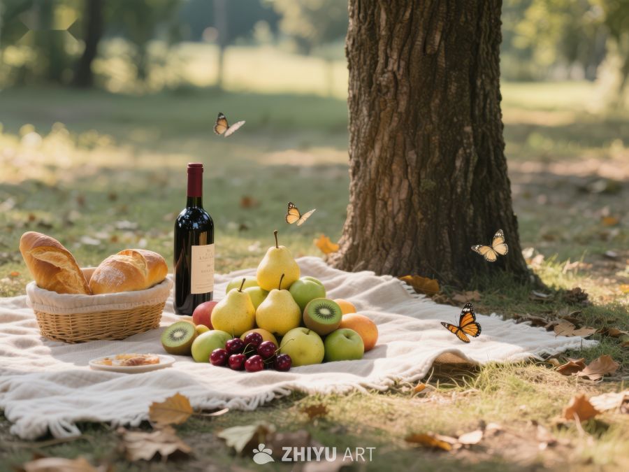 树下野餐：面包、水果与红酒 541