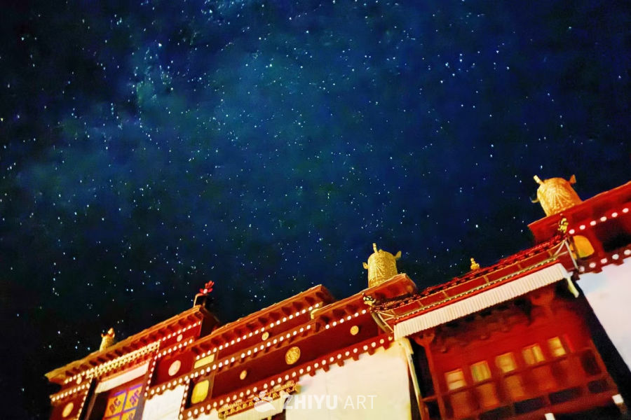 星空下的古寺夜景