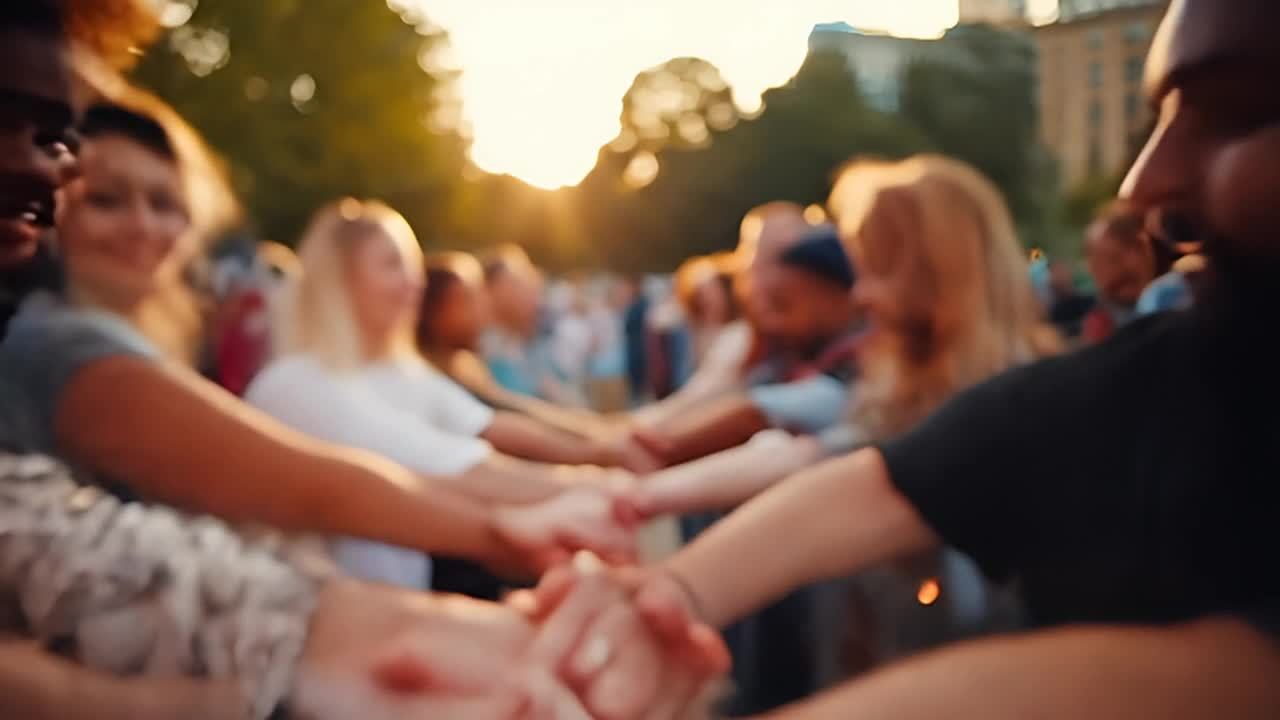 一群来自不同国家的人们聚集在一个公园里，他们手牵着