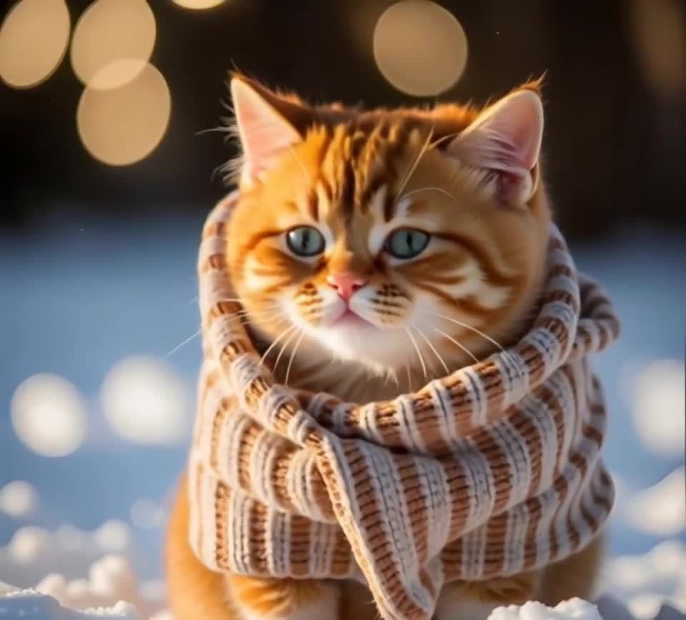 雪地围巾蓝眼虎斑猫
