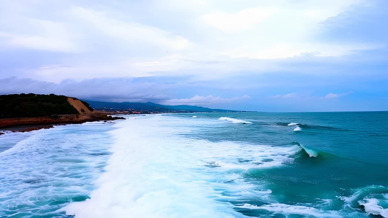 海浪拍打着海岸，形成白色泡沫。云朵在天空中缓慢移动