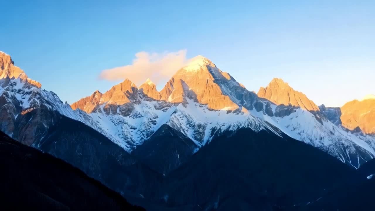 日出时分，连绵起伏的山脉在低角度的慢镜头下呈现。山