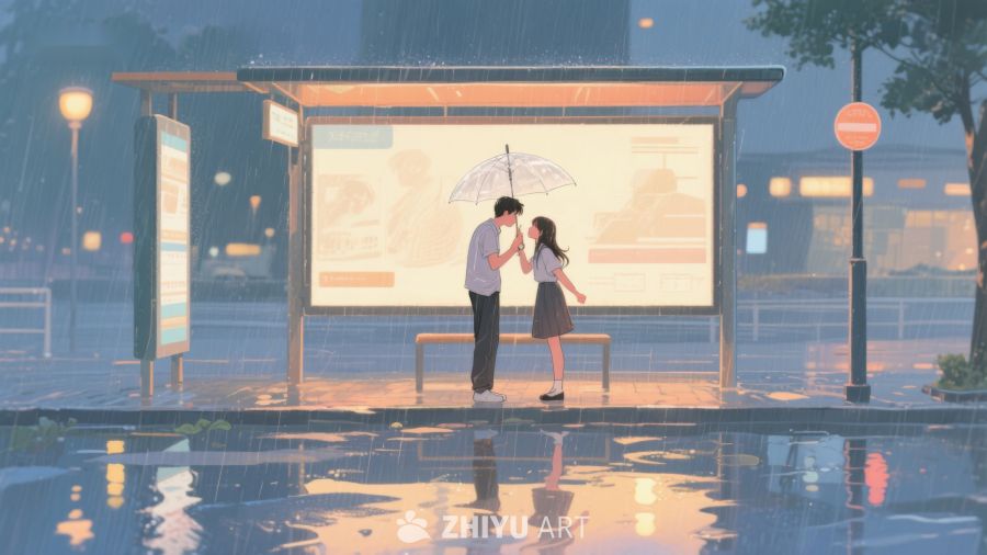 雨中公交站的温馨邂逅 643