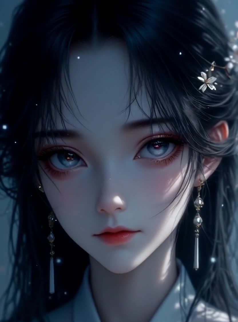 一个年轻女性的特写，她有着黑色的长发，白皙的皮肤，