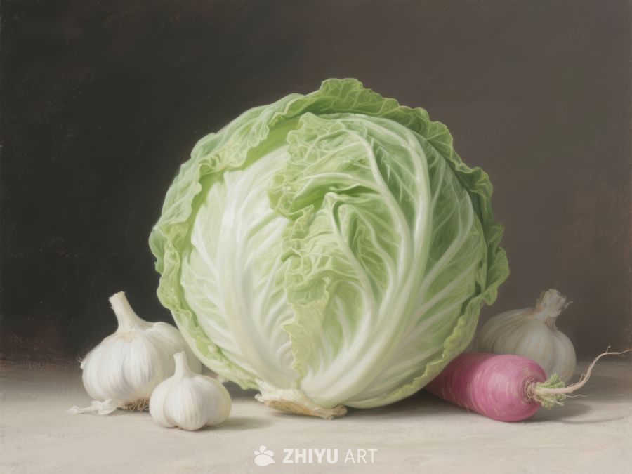 白菜与大蒜、洋葱的静物画 1