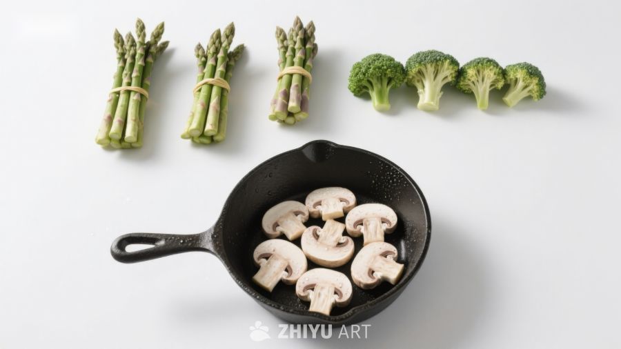 锅中蘑菇与蔬菜食材摆拍