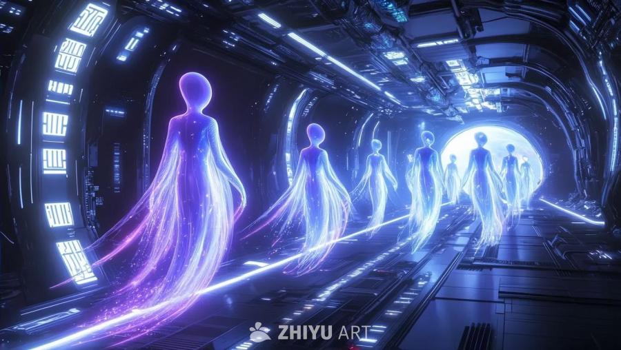一群由能量组成的、漂浮的、空灵的外星人，他们的身体