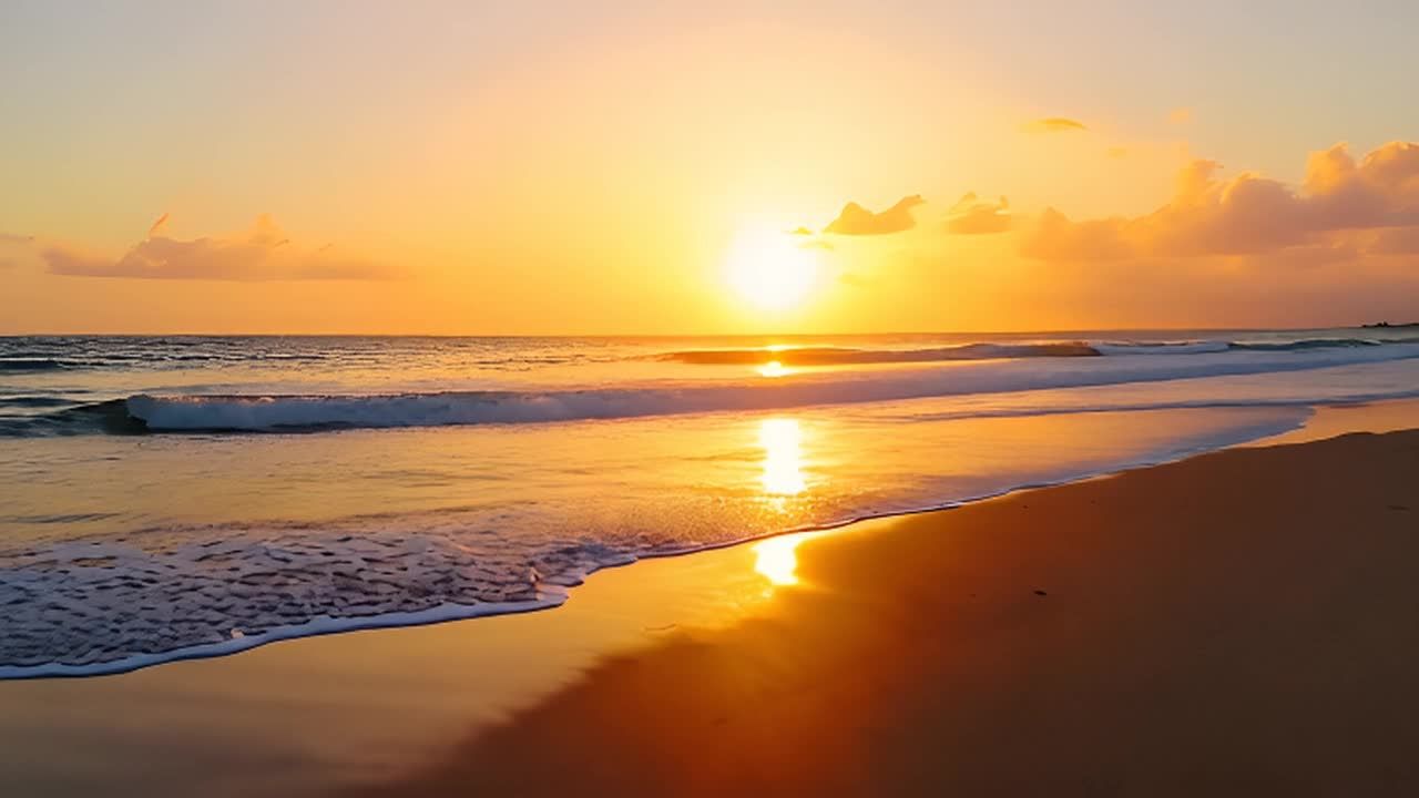 巴厘岛海滩上，夕阳西下，天空呈现出温暖的橙色和黄色