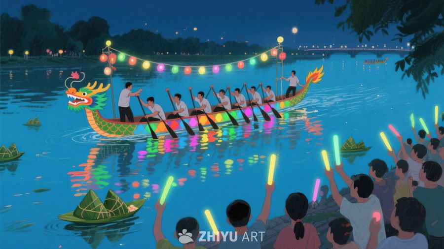 夜色中龙舟竞渡，众人欢庆 441