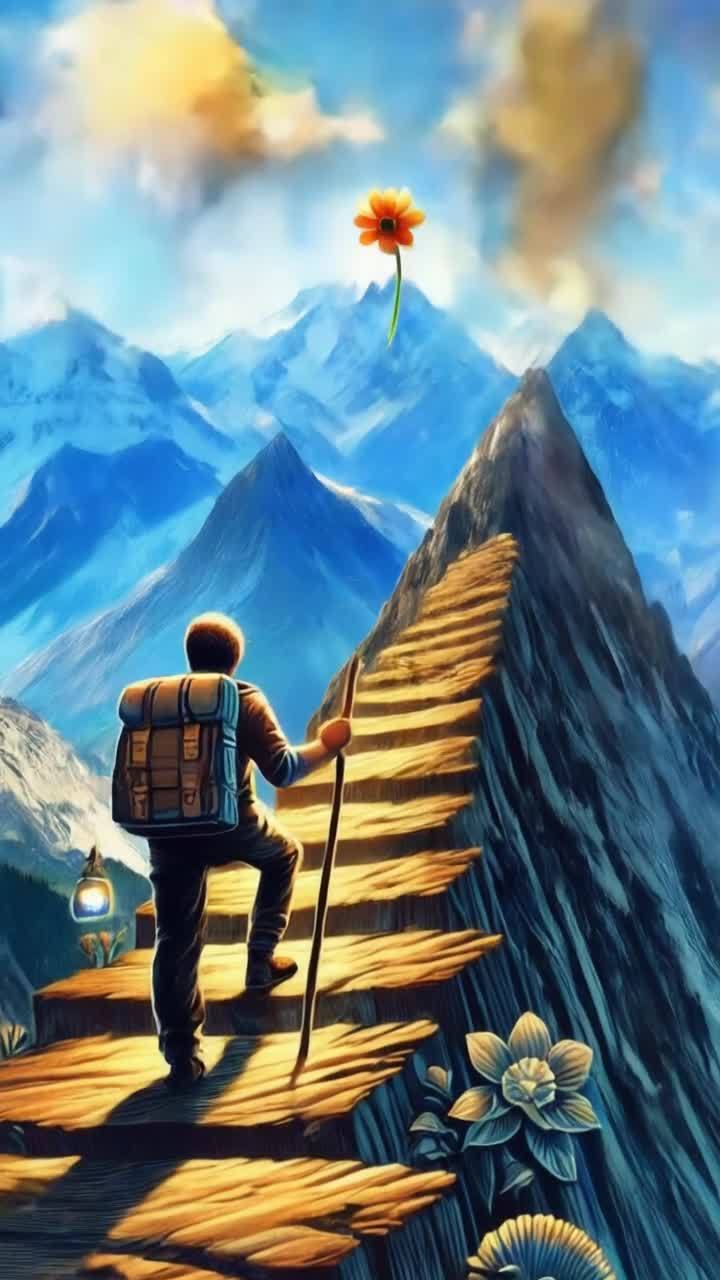 一个男人背着一个大背包，手持一根木棍，正攀登陡峭的