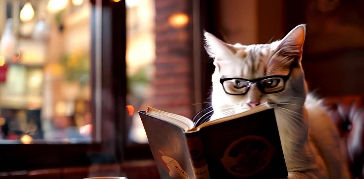 咖啡厅里戴眼镜看书的猫咪品尝咖啡