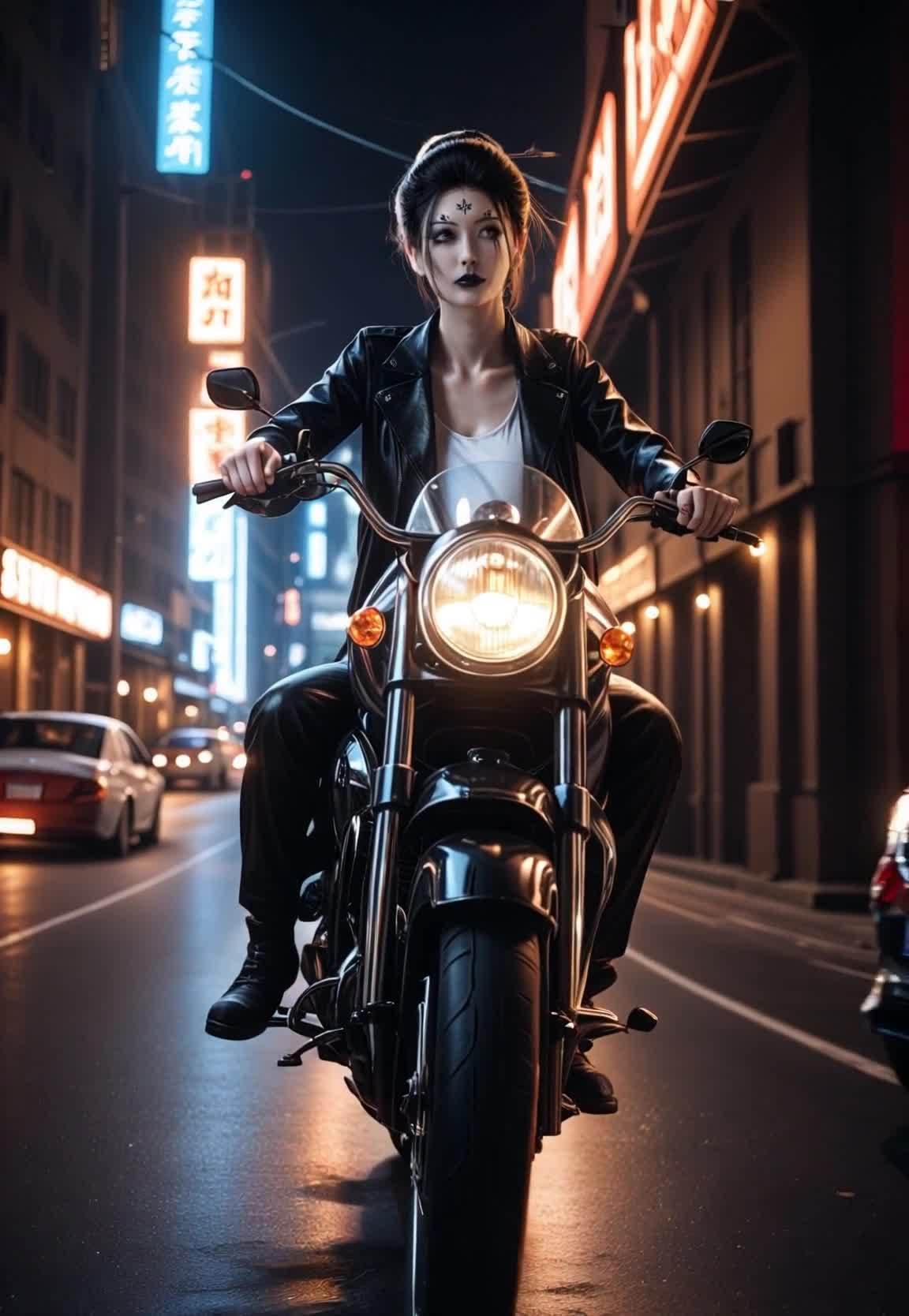 城市街道上，一位女性骑着摩托车，其戴着头饰，化着妆