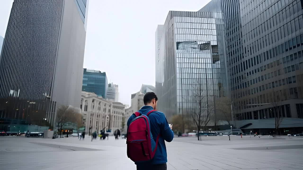 一个背着红色背包的男子站在一个大型城市广场上，周围