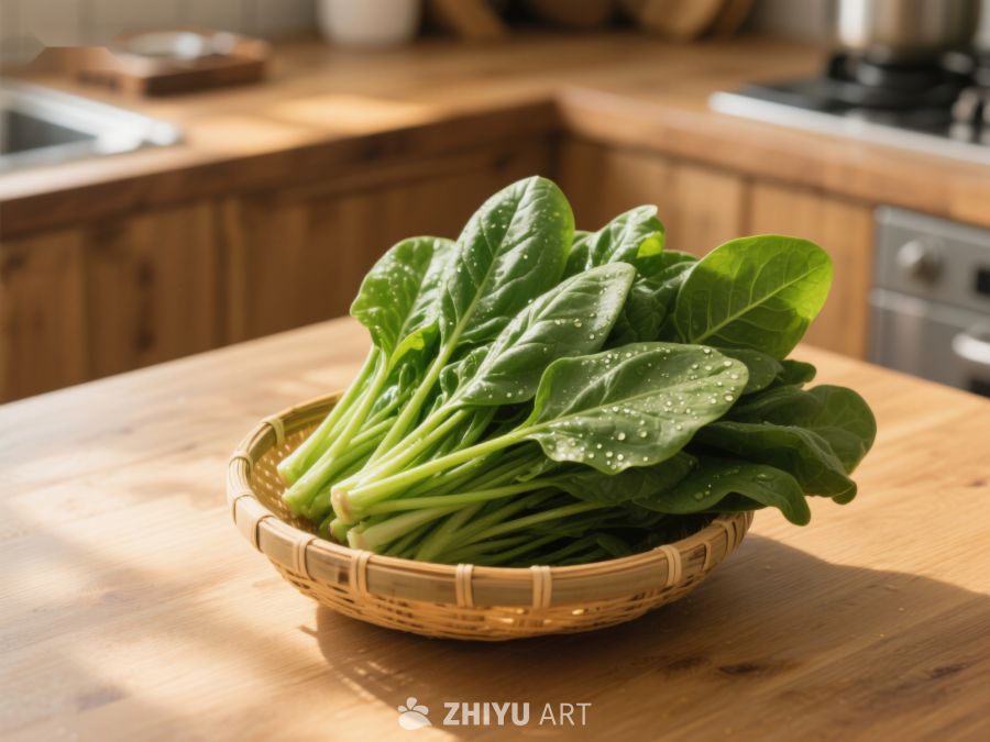 新鲜菠菜置于竹篮中 407