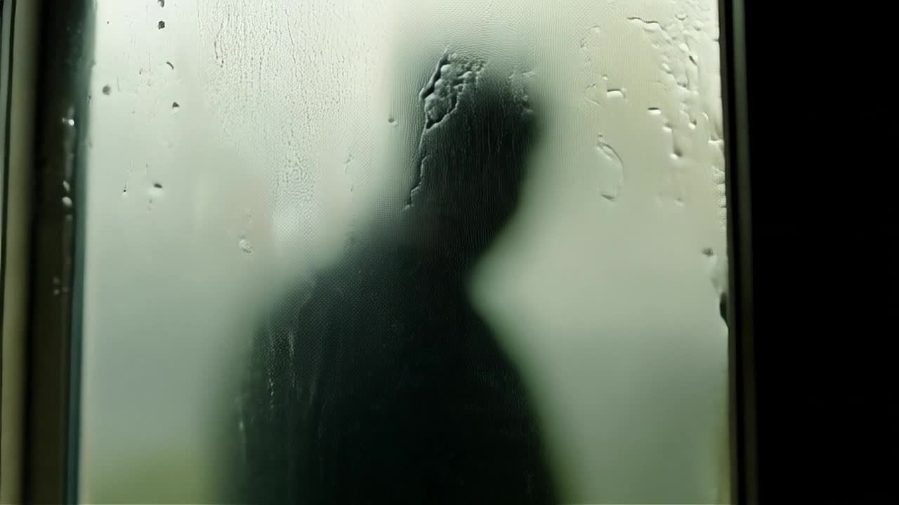 一张布满灰尘的窗户的特写镜头。透过玻璃，一个模糊的