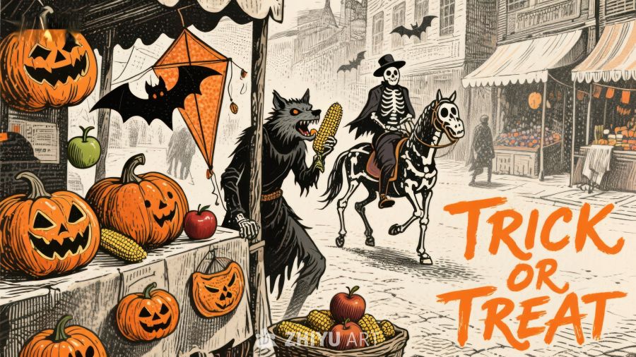 万圣节街头热闹场景