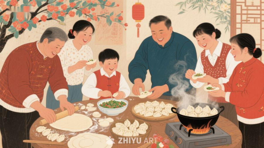 家庭围桌包饺子，温馨节日氛围 545