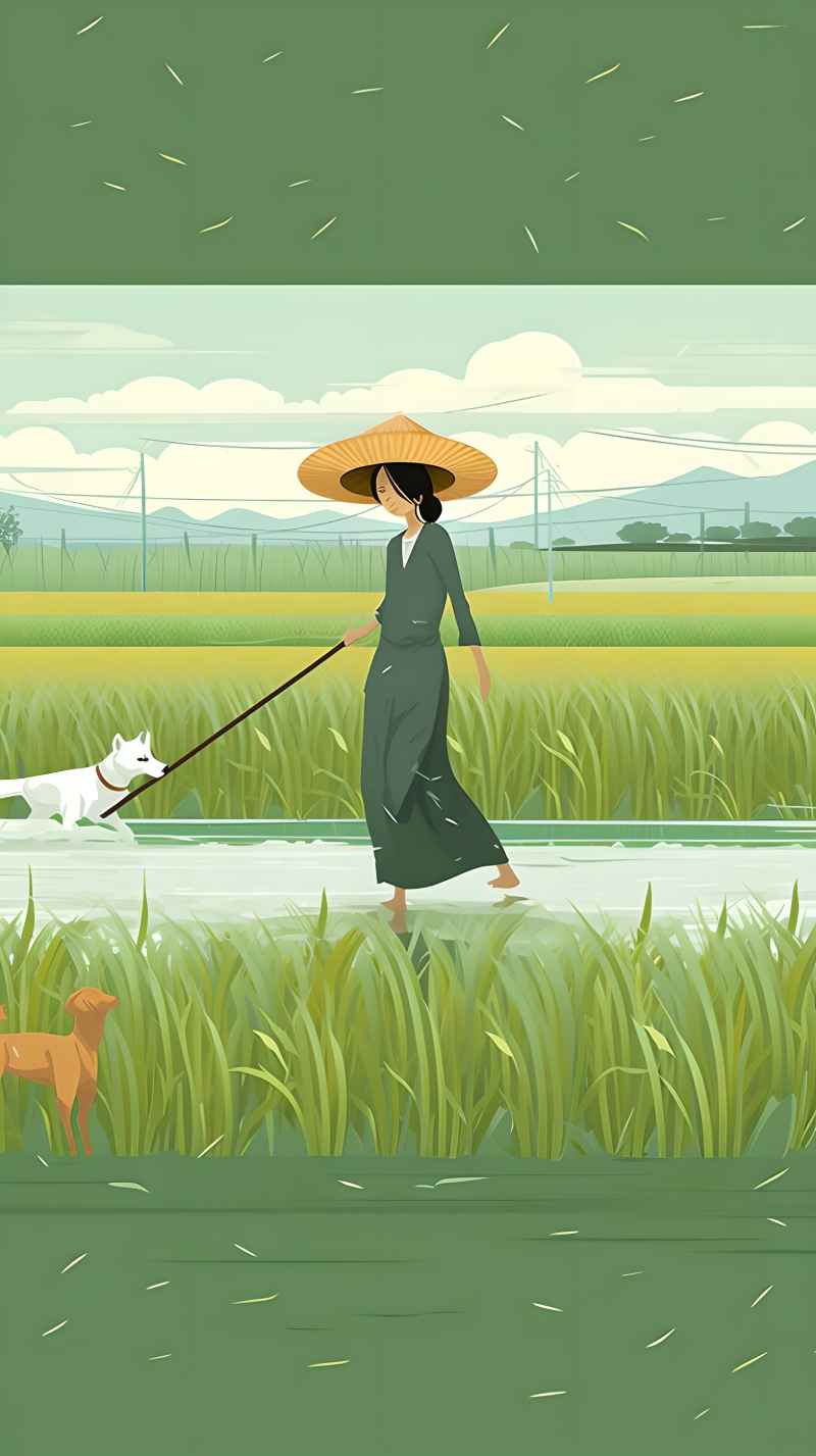 女人站在稻田与狗绿色插画 14