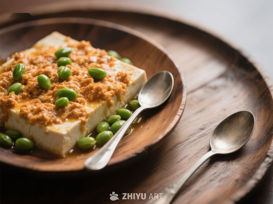 豆腐配青豆与肉松，木质盘盛 117