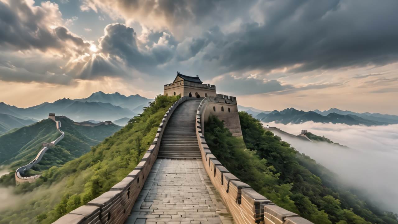 万里长城广角航拍延时日出日落烽火台云海 44