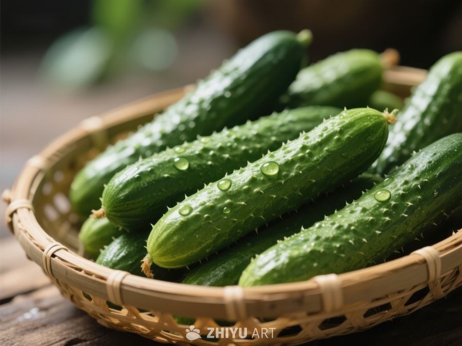 新鲜黄瓜置于竹篮中 556