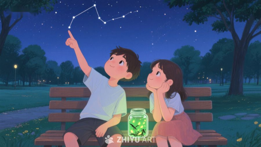 夜晚公园中指星星的孩子 577