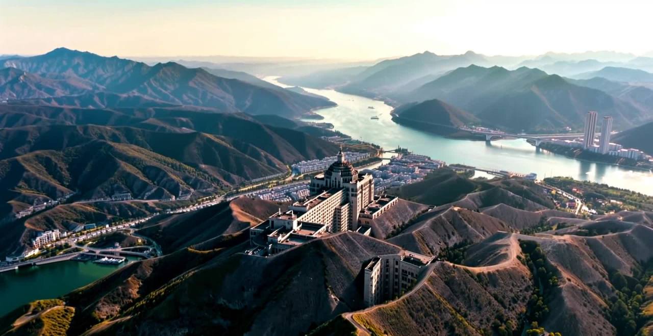 镜头从空中俯瞰，一座建筑蜿蜒于山川之间。建筑在阳光