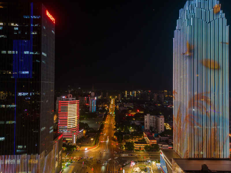 航拍保定东风中路万博广场夜景