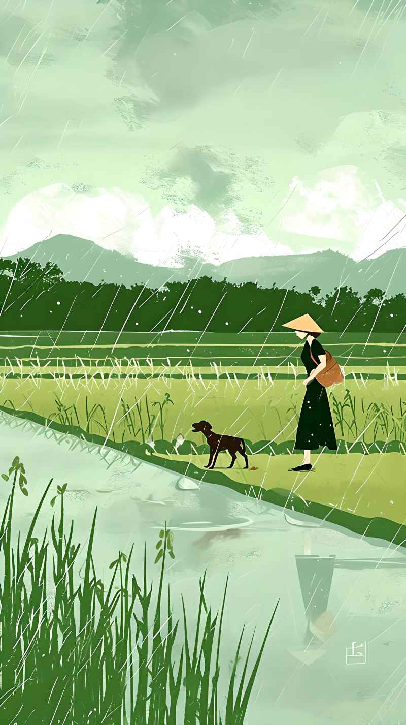 女人站在稻田与狗绿色插画 19