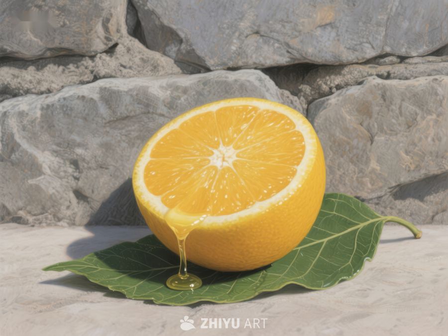 切开的橙子滴汁，置于绿叶之上 321