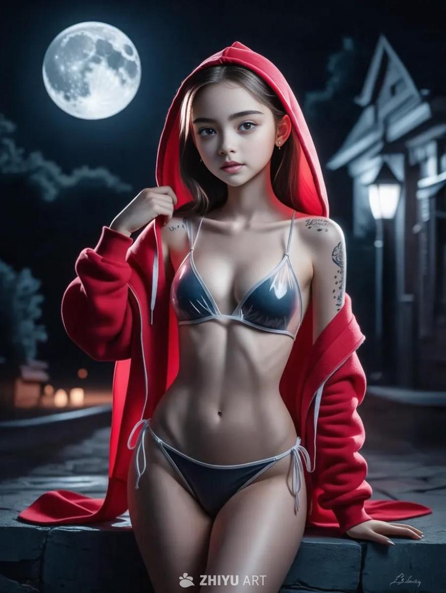 夜晚，一个身材苗条的年轻女子站在户外。她有着淡褐色
