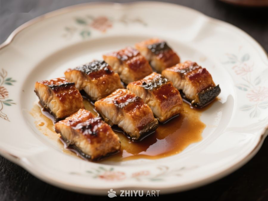 烤鳗鱼段配酱汁，精致摆盘