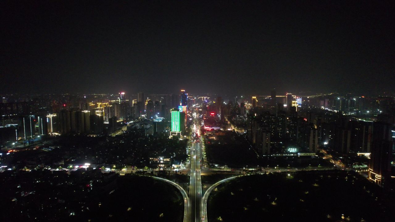 广东湛江城市夜景灯光交通航拍