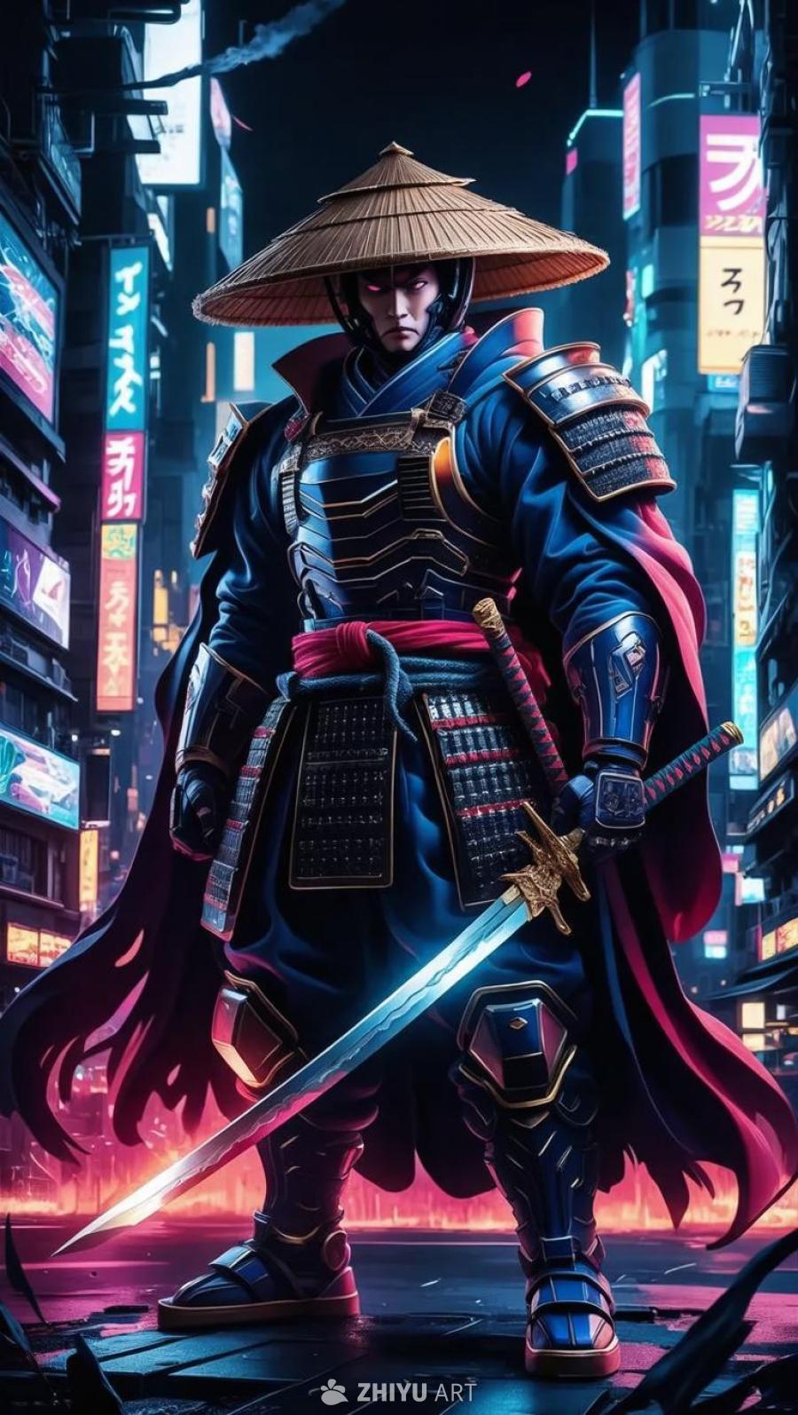 一个穿着复杂盔甲的巨型赛博朋克武士站在霓虹灯闪烁的