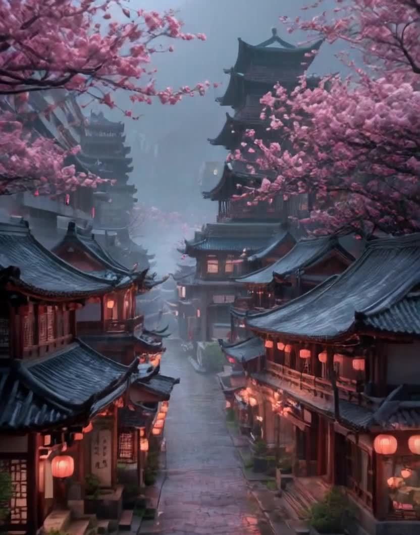 一座古色古香的城镇，在下雨的天气中，大雨倾盆而下。