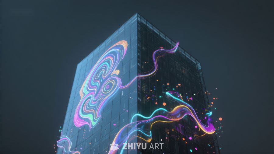 霓虹光影缠绕的现代高楼 359