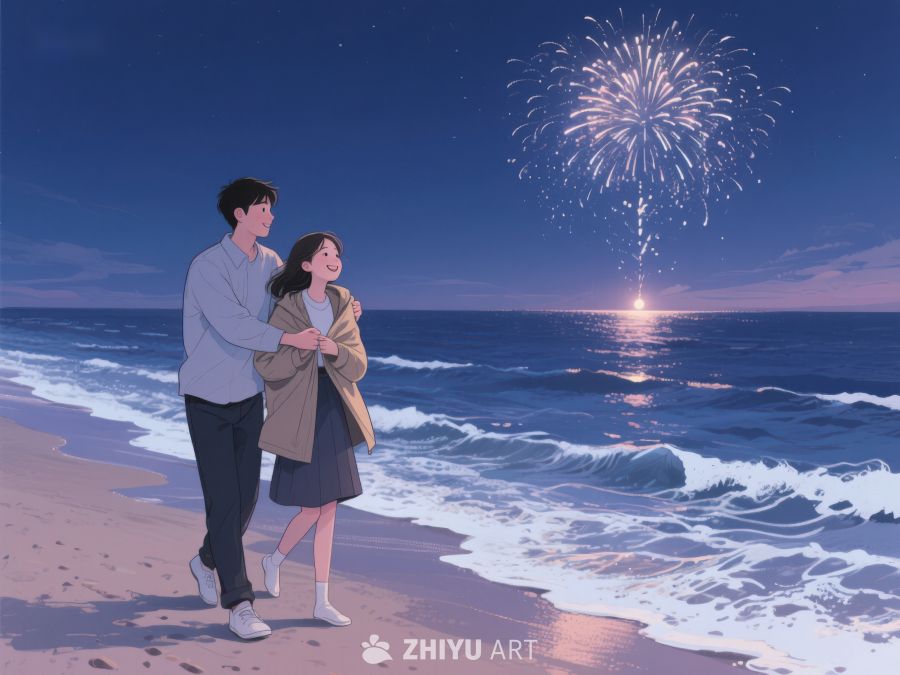 海边夜景烟花下的情侣 272