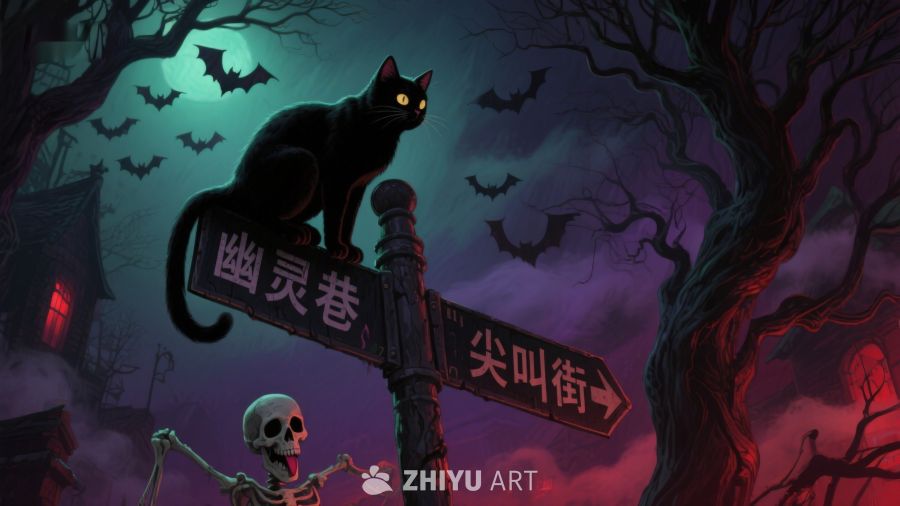黑猫夜坐路牌，幽灵巷与尖叫街的神秘交汇
