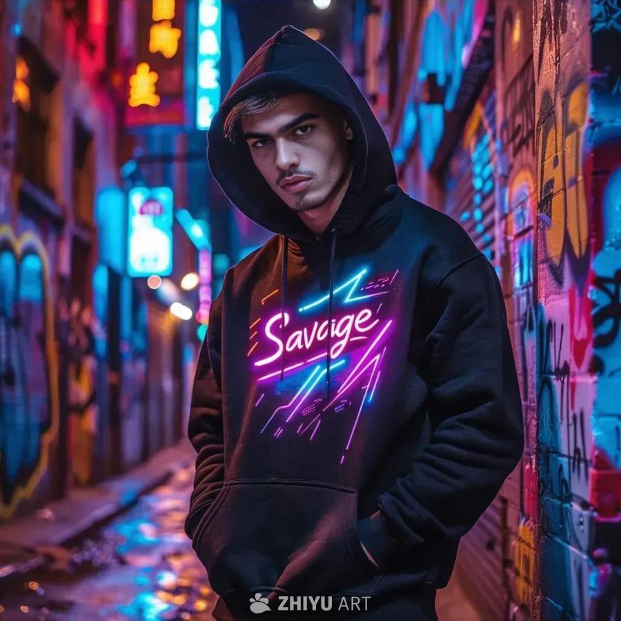 一名年轻男子身穿黑色连帽衫，头戴帽子，靠在墙上。连