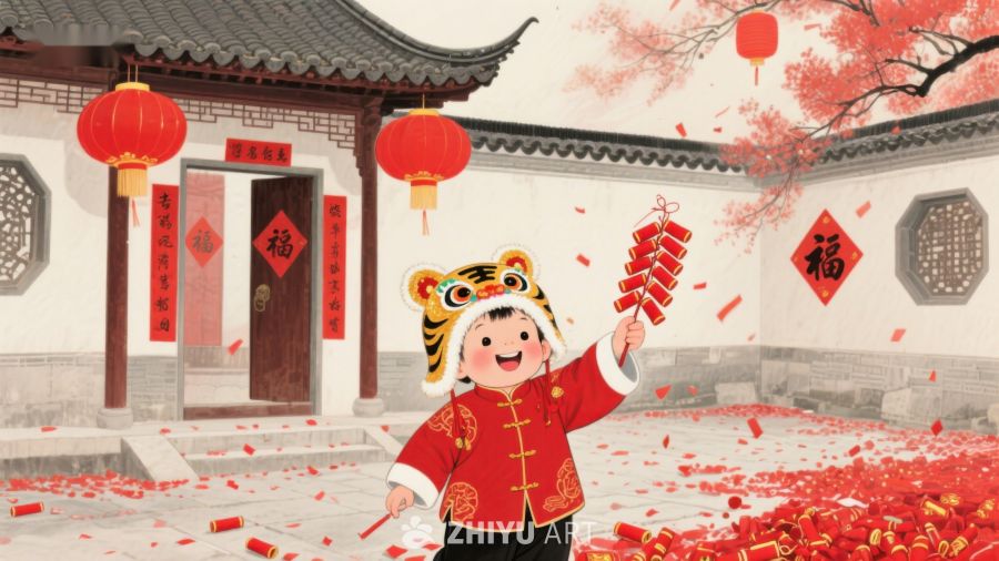 孩童身着虎头帽庆祝新年 277