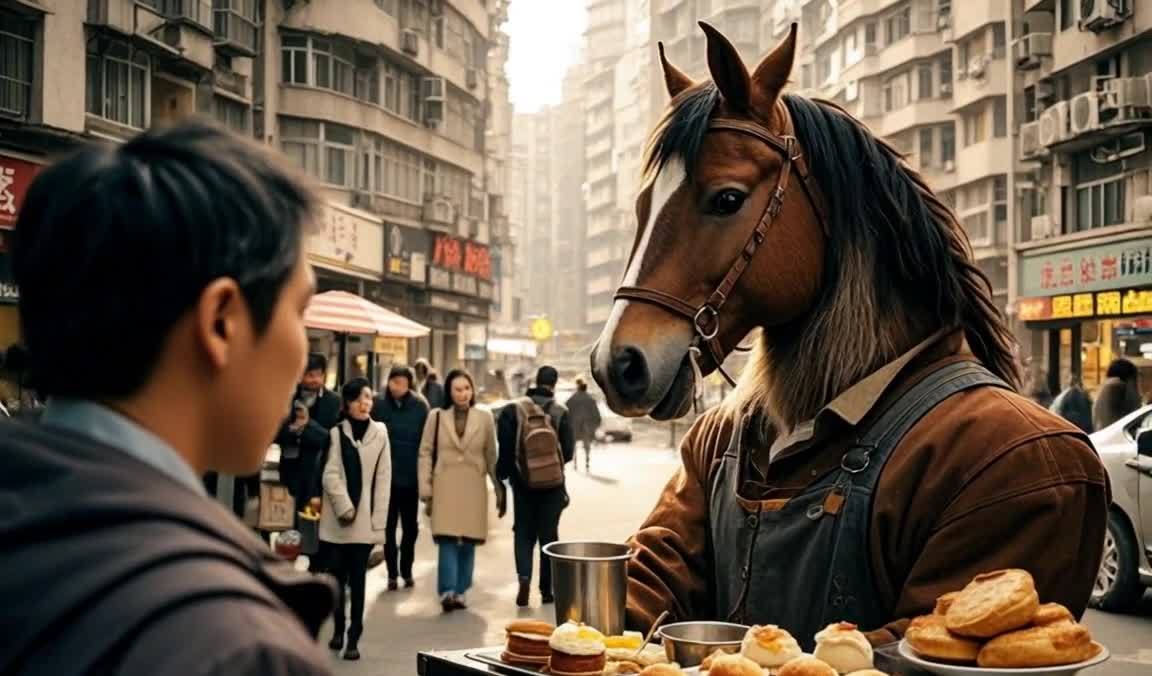 人头马身小贩街头售卖点心