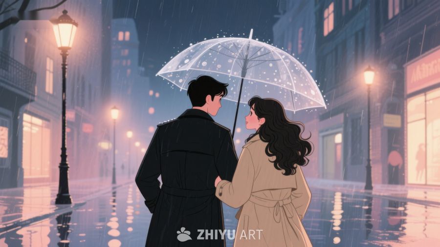 雨夜街头，伞下情侣漫步 621