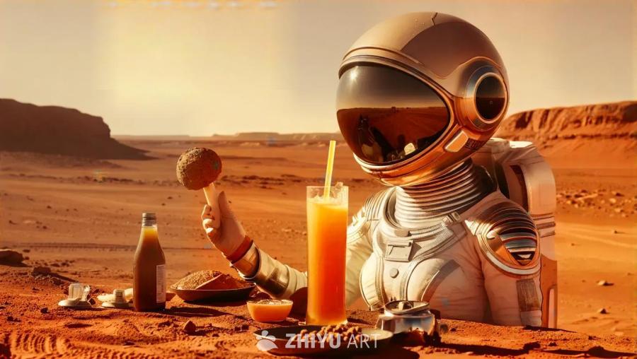 一个穿着宇航服的女性，在类似火星表面的红色地面上，