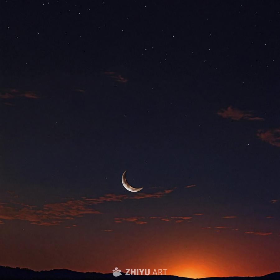 夜空中悬挂着一轮新月，其下方呈现出鲜艳的橙色色调。