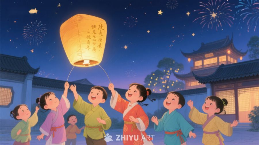 夜空下放飞孔明灯的欢乐儿童 1208