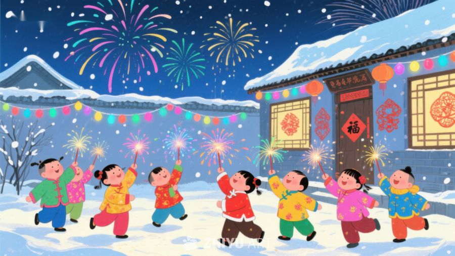 冬夜烟花下的孩童欢庆 199