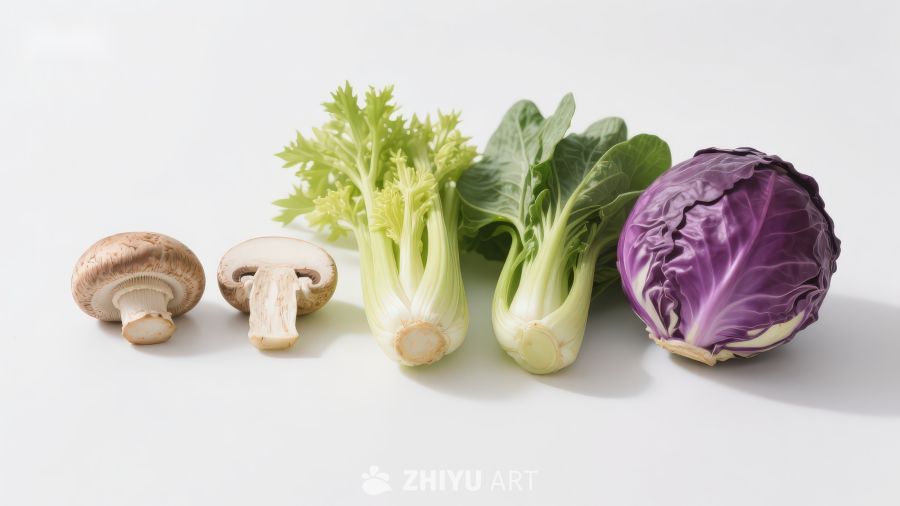 新鲜蔬菜与菌类排列展示